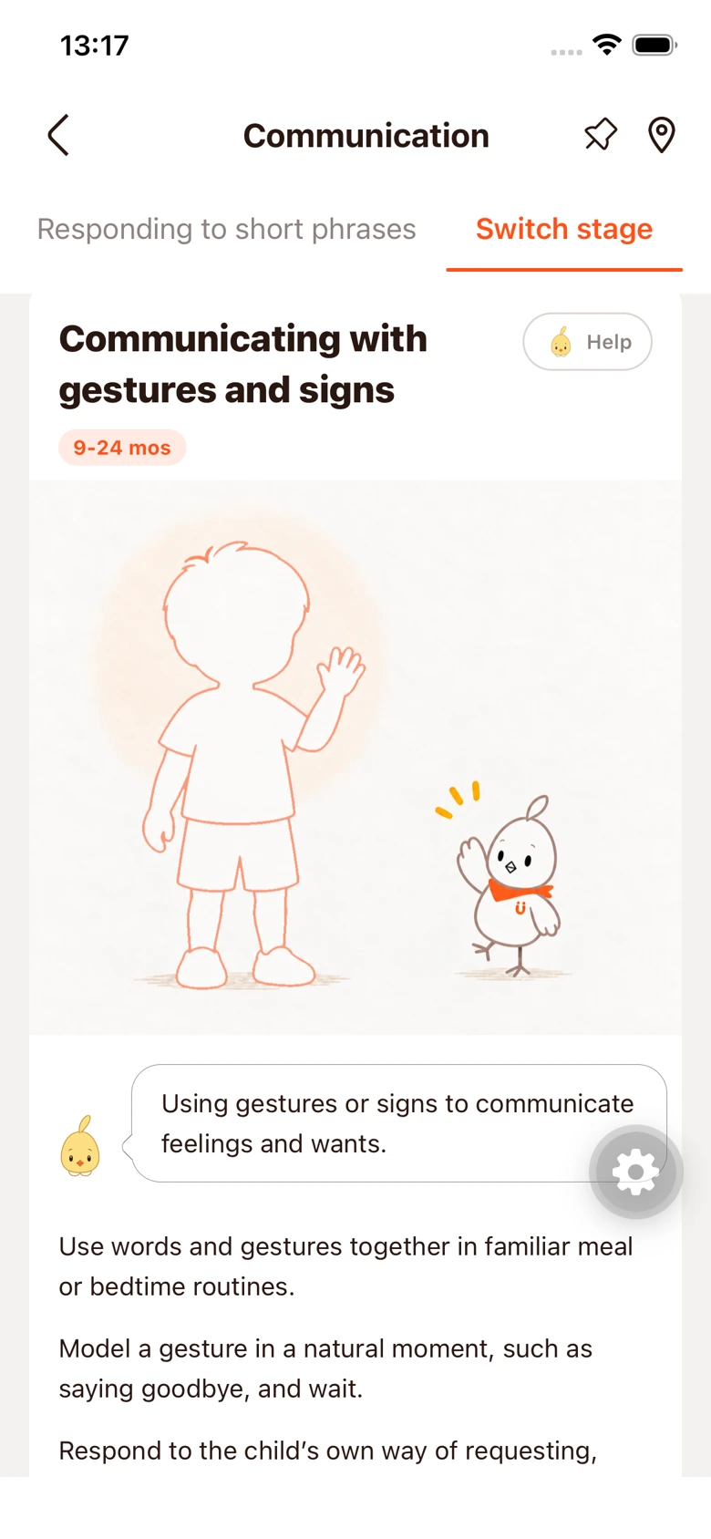 English communication development screen explaining gestures and signs