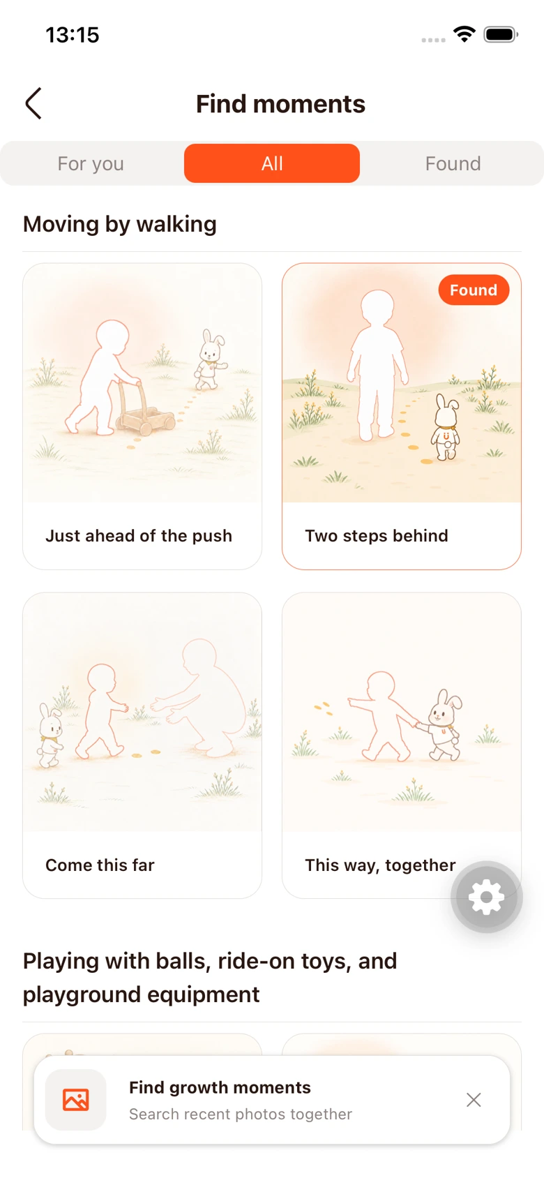 English discovery screen showing walking-related moments