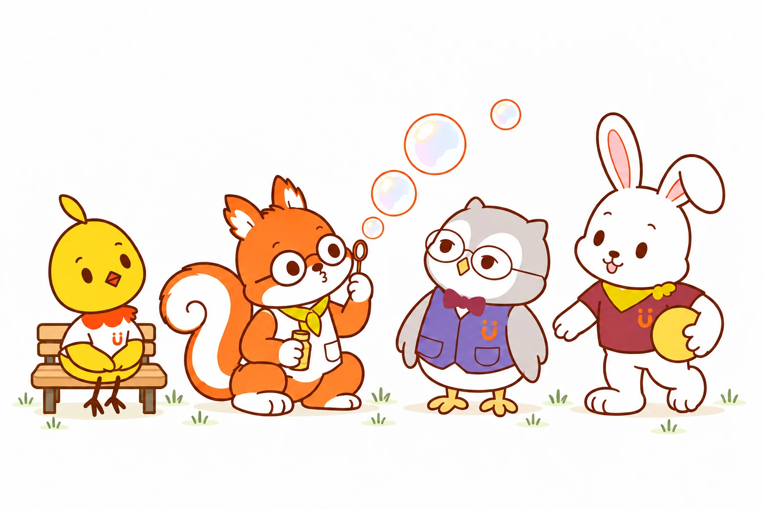Mimo, Luke and LUMI enjoying bubbles in the park, with Gen holding a ball