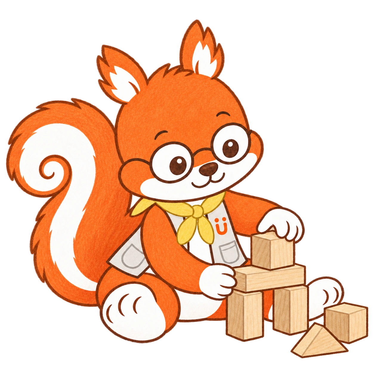 Luke sits beside wooden blocks, carefully placing a cube on a small bridge.