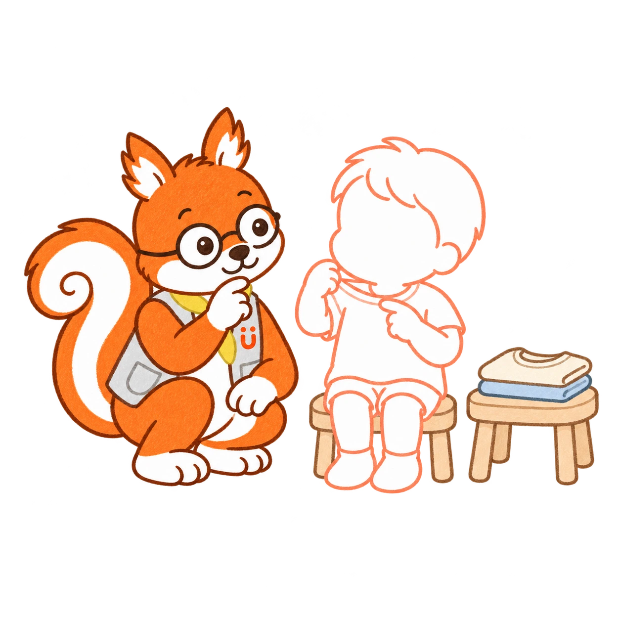 The child pulls at the collar while Luke crouches to look alongside them.