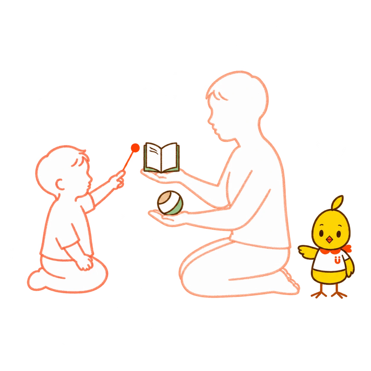 保護者が絵本とボールを見せ、子どもが絵本を指す。Mimoがそばで見守る