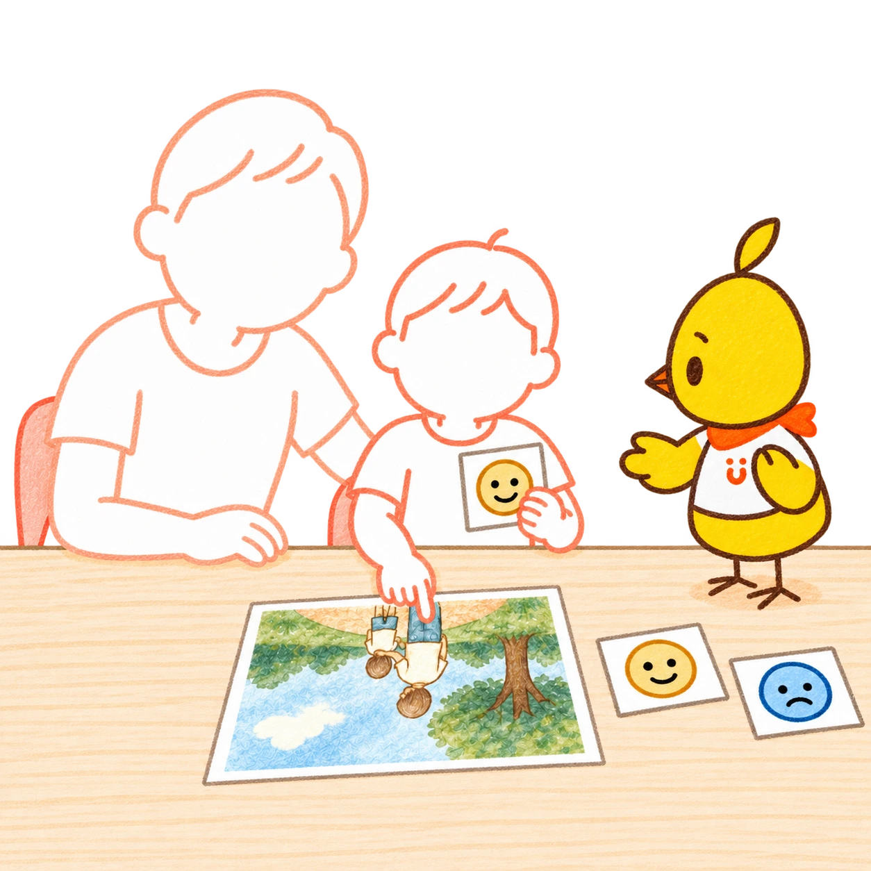 子どもが写真を指し、気持ちのカードを持つ。保護者とMimoが一緒に見る