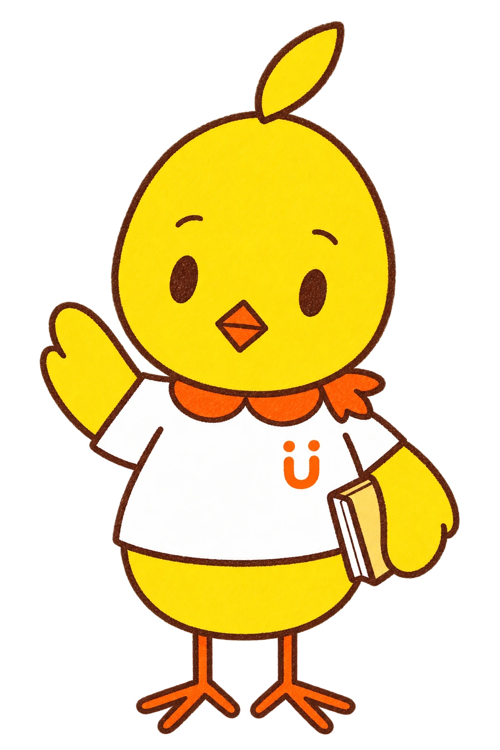 絵本を持ち、片翼を上げてあいさつするMimo