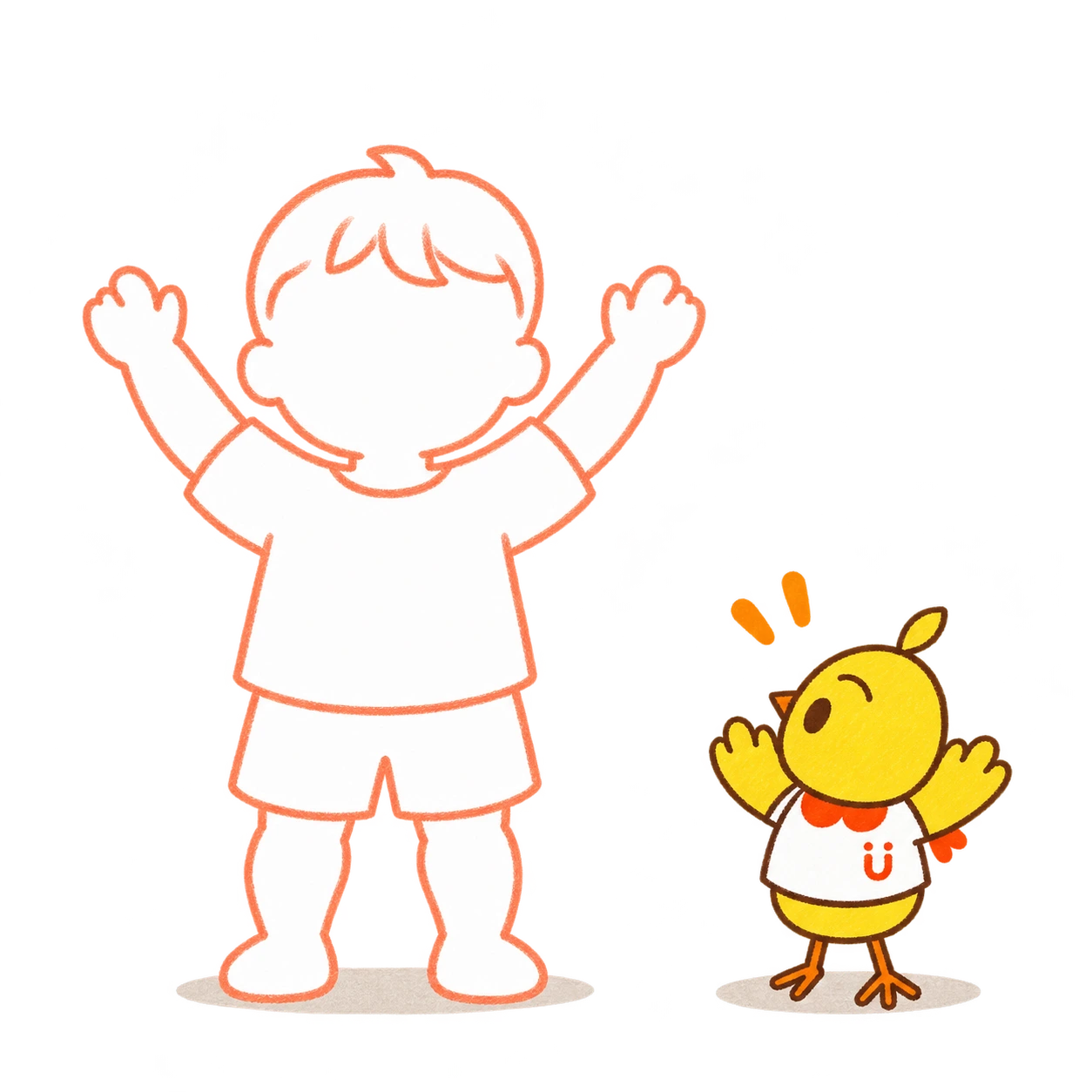 両手を上げる子どもを見て、ミモも両翼を上げてまねしている
