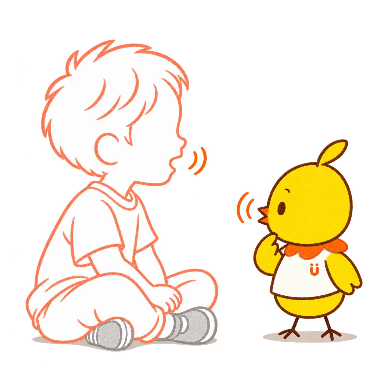 子どもとMimoの口元の短い波線が、声を出してまねし合う様子を表す