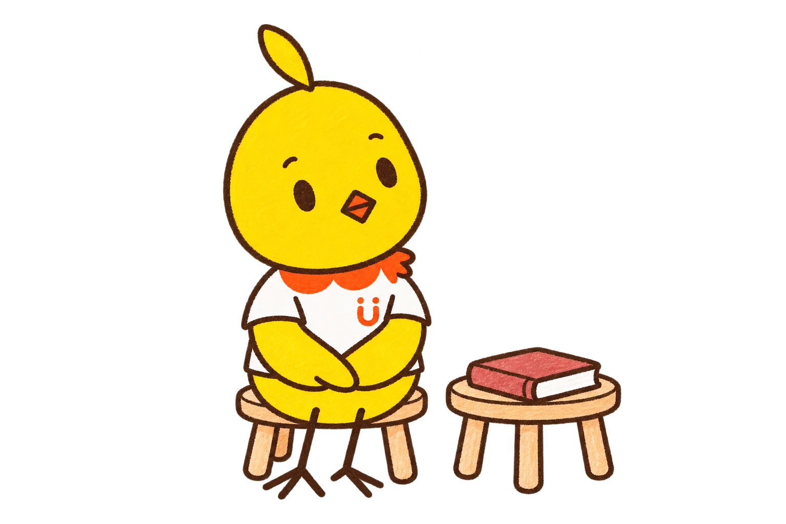 閉じた絵本を脇に置いたまま、椅子で翼を重ねてのんびり待っているMimo